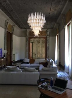 Pair Fabulous Glass 75 White Petal Chandeliers, Murano -Promos Meubles Boutique 1122 copia master