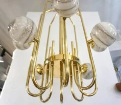 Bespoke Italian Alabaster White Murano Glass Brass Curved Globe Chandelier -Promos Meubles Boutique 11 master