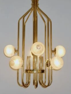 Bespoke Italian Alabaster White Murano Glass Brass Curved Globe Chandelier -Promos Meubles Boutique 16 master