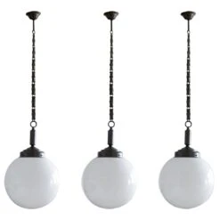 Set Of Three Italian Art Deco Large Hand Blown Opaline Glass Pendants, 1930s