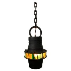 Brutalist Hand-Crafted Iron And Stained Glass Hanging Pendant Lamp, C. 1960's