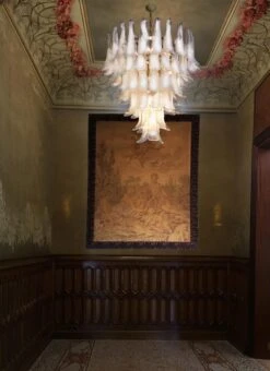 Pair Fabulous Glass 75 White Petal Chandeliers, Murano -Promos Meubles Boutique 3381 master