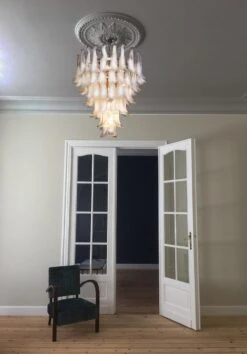 Pair Fabulous Glass 75 White Petal Chandeliers, Murano -Promos Meubles Boutique 3381a master