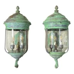 Large Vintage Pair Of Handcrafted Wall-Mounted Copper-Brass Lantern