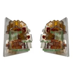 Pair Of Geometry Glass Construction Metal Sconces By Poliarte, Italy, 1970s
