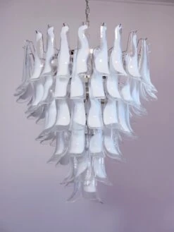 Pair Fabulous Glass 75 White Petal Chandeliers, Murano -Promos Meubles Boutique 4 master 8