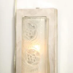 Pair Of Art Deco Frosted Glass & Chrome Rectangular Vanity Lights W/ Rose Motifs -Promos Meubles Boutique 6R1A9906 master
