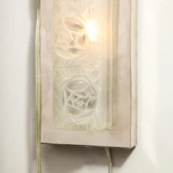 Pair Of Art Deco Frosted Glass & Chrome Rectangular Vanity Lights W/ Rose Motifs -Promos Meubles Boutique 6R1A9908 master