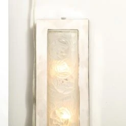 Pair Of Art Deco Frosted Glass & Chrome Rectangular Vanity Lights W/ Rose Motifs -Promos Meubles Boutique 6R1A9911 master
