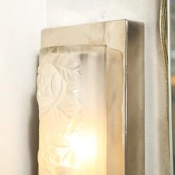 Pair Of Art Deco Frosted Glass & Chrome Rectangular Vanity Lights W/ Rose Motifs -Promos Meubles Boutique 6R1A9915 master
