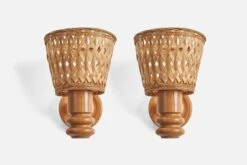Swedish Designer, Wall Lights, Pine, Rattan, Sweden, 1970s -Promos Meubles Boutique 8058v4 master
