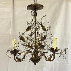 Pair Vintage Bagues Style Patinated Metal And Glass Three-Light Chandeliers -Promos Meubles Boutique IMG 2909 master