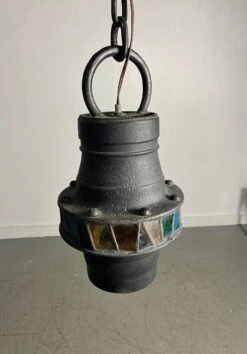 Brutalist Hand-Crafted Iron And Stained Glass Hanging Pendant Lamp, C. 1960's -Promos Meubles Boutique IMG 4065 master