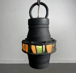 Brutalist Hand-Crafted Iron And Stained Glass Hanging Pendant Lamp, C. 1960's -Promos Meubles Boutique IMG 4069 1 master