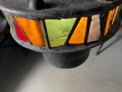 Brutalist Hand-Crafted Iron And Stained Glass Hanging Pendant Lamp, C. 1960's -Promos Meubles Boutique IMG 4071 1 master