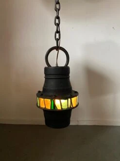 Brutalist Hand-Crafted Iron And Stained Glass Hanging Pendant Lamp, C. 1960's -Promos Meubles Boutique IMG 4072 1 master