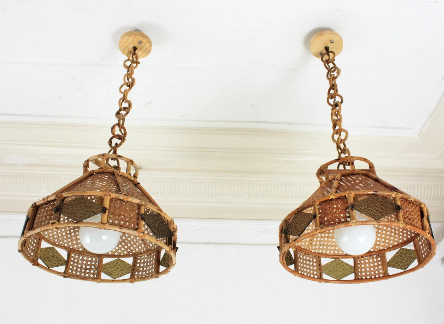Italian Modern Wicker Wire Rattan Pendant Hanging Lights With Glass Accent, Pair 4 Italian Modern Wicker Wire Rattan Pendant Hanging Lights With Glass Accent, Pair â Image 2