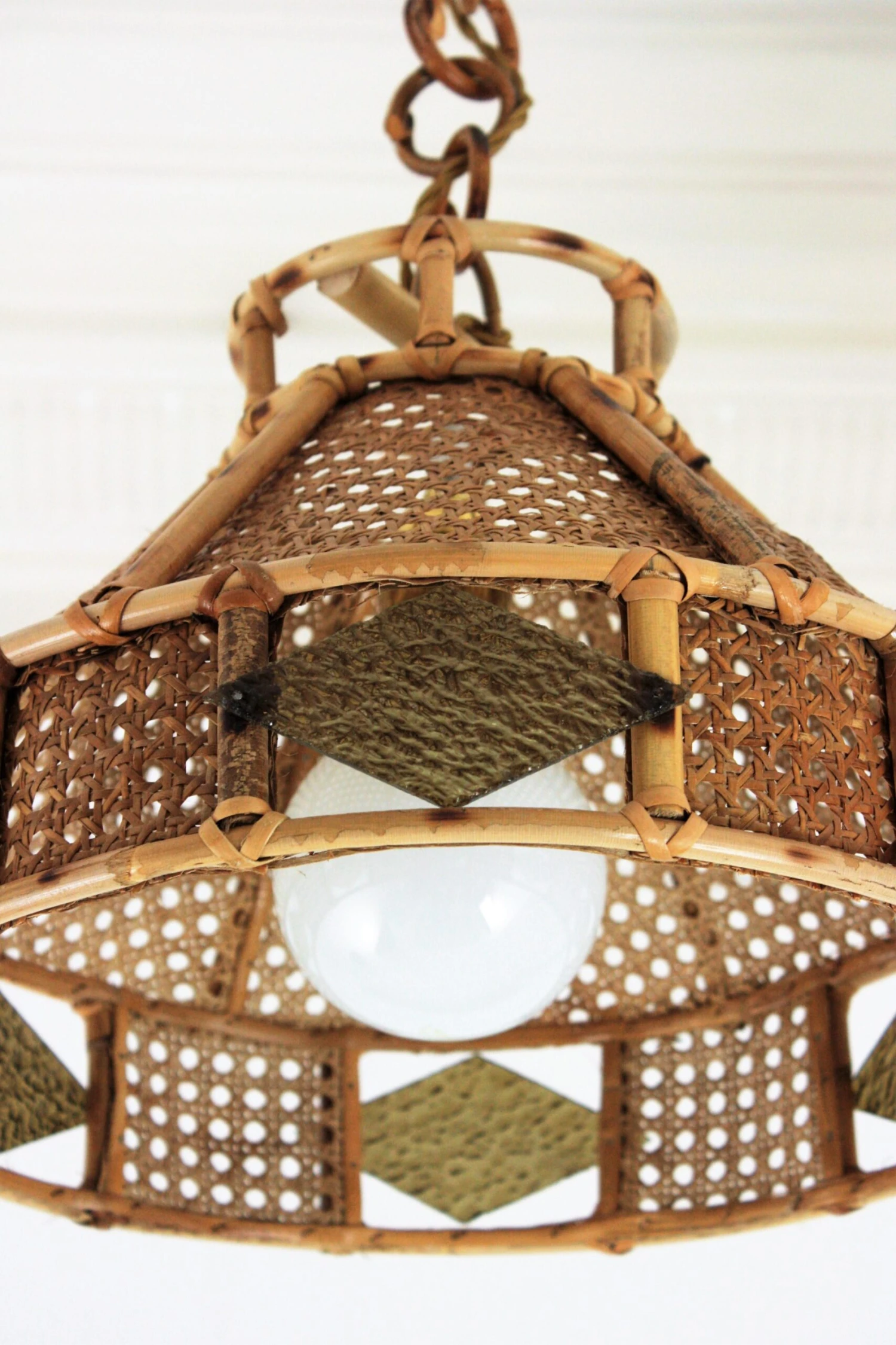 Italian Modern Wicker Wire Rattan Pendant Hanging Lights With Glass Accent, Pair 7 Italian Modern Wicker Wire Rattan Pendant Hanging Lights With Glass Accent, Pair â Image 5