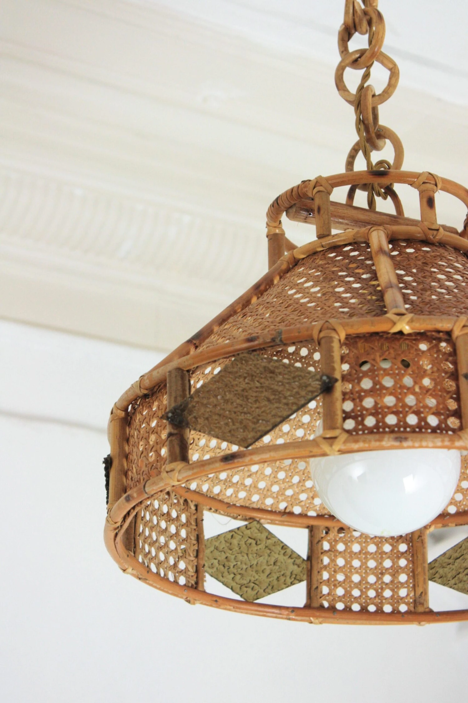 Italian Modern Wicker Wire Rattan Pendant Hanging Lights With Glass Accent, Pair 8 Italian Modern Wicker Wire Rattan Pendant Hanging Lights With Glass Accent, Pair â Image 6
