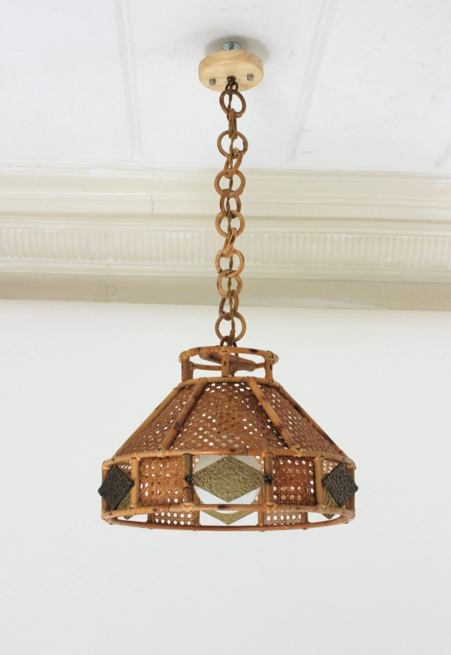 Italian Modern Wicker Wire Rattan Pendant Hanging Lights With Glass Accent, Pair 9 Italian Modern Wicker Wire Rattan Pendant Hanging Lights With Glass Accent, Pair â Image 7