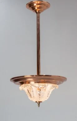 French Art Deco Chandelier Ezan Molded Glass & Copper Ceiling Pendant, C 1940 -Promos Meubles Boutique IMG 8429 master