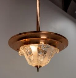 French Art Deco Chandelier Ezan Molded Glass & Copper Ceiling Pendant, C 1940 -Promos Meubles Boutique IMG 8430 master