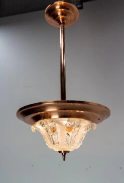 French Art Deco Chandelier Ezan Molded Glass & Copper Ceiling Pendant, C 1940 -Promos Meubles Boutique IMG 8431 master