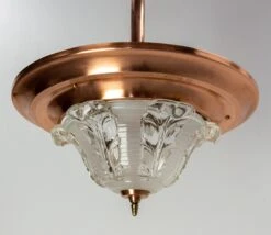 French Art Deco Chandelier Ezan Molded Glass & Copper Ceiling Pendant, C 1940 -Promos Meubles Boutique IMG 8434 master