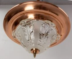 French Art Deco Chandelier Ezan Molded Glass & Copper Ceiling Pendant, C 1940 -Promos Meubles Boutique IMG 8435 master