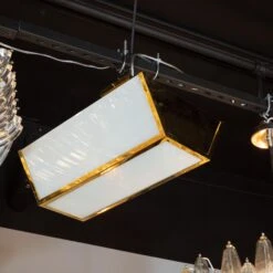 French Art Deco Semi-Flush Mount Brass & Frosted Glass Chandelier By Jean Perzel -Promos Meubles Boutique P1399215 master