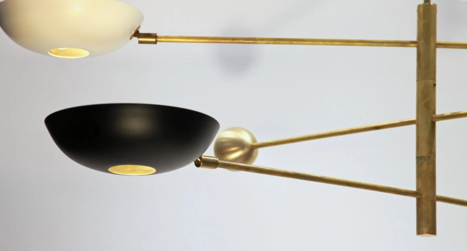 Orbitale Brass Chandelier 3 Rotating Balanced Arms, Stilnovo Style, Brass Shades 12 Orbitale Brass Chandelier 3 Rotating Balanced Arms, Stilnovo Style, Brass Shades – Image 10