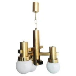Midcentury Pendant Chandelier, Brass Opaline Glass Sciolari Style, Italy, 1960s
