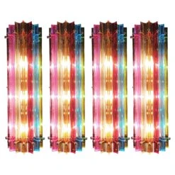 Set Four Italian Wall Sconce, Multi-Color Triedri Venini Style Murano, 1990s
