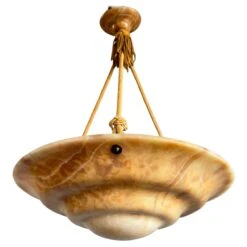 Great Art Deco Design Antique Alabaster Pendant W. Perfect Alabaster Canopy 1920