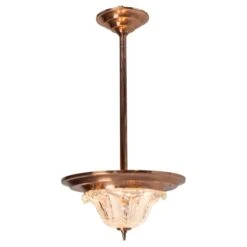 French Art Deco Chandelier Ezan Molded Glass & Copper Ceiling Pendant, C 1940