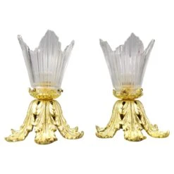 Pair Of French Art Deco Gilt Bronze And Clear Glass Ceiling Lights, 1920s