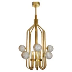 Bespoke Italian Alabaster White Murano Glass Brass Curved Globe Chandelier
