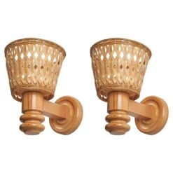 Swedish Designer, Wall Lights, Pine, Rattan, Sweden, 1970s