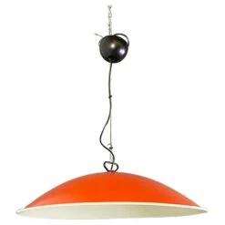 Italian Mid-Century Modern Curved White And Red Metal Chandelier, 1960s