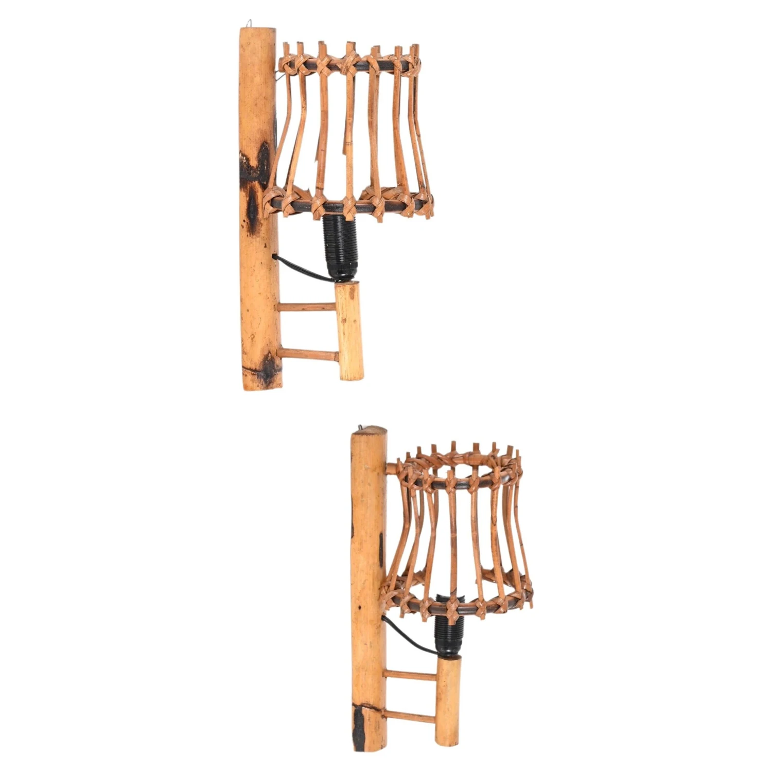 Pair Of Midcentury Rattan "Lantern" Sconces, Louis Sognot, France, 1960s 3 Pair Of Midcentury Rattan "Lantern" Sconces, Louis Sognot, France, 1960s