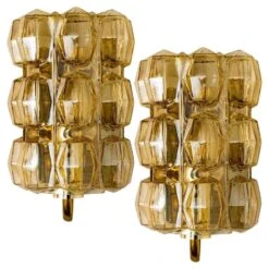 Pair Of Amber Glass Wall Lights Sconces By Helena Tynell For Glashütte, 1960