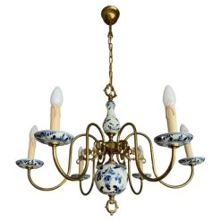 1940s Dutch Brass And Porcelain Hand Painted Delft Blue And White Chandelier