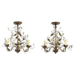 Pair Vintage Bagues Style Patinated Metal And Glass Three-Light Chandeliers