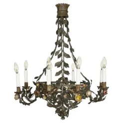 20th Century Italian Art Nouveau Chandelier Floral Foliate Dark Iron Basket