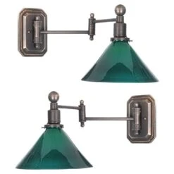 Matching Pair Of Articulated Green Over White Tented Glass Sconces