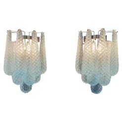 Elegant Pair Of Vintage Blue Glass Petals Drop Wall Sconce, Murano, 1970