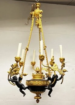 French Louis XVI Style Patinated Bronze Six-Light Putti Motif Chandelier -Promos Meubles Boutique ha 3263g master