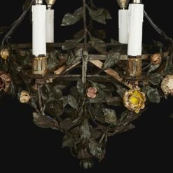 20th Century Italian Art Nouveau Chandelier Floral Foliate Dark Iron Basket -Promos Meubles Boutique lampadario floreale in ferro battuto b master