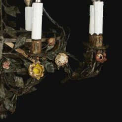 20th Century Italian Art Nouveau Chandelier Floral Foliate Dark Iron Basket -Promos Meubles Boutique lampadario floreale in ferro battuto c master