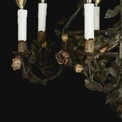 20th Century Italian Art Nouveau Chandelier Floral Foliate Dark Iron Basket -Promos Meubles Boutique lampadario floreale in ferro battuto d master